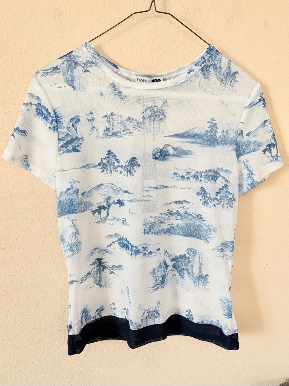 Fashion Nova White & Blue Scenic Print Short Sleeve Tee